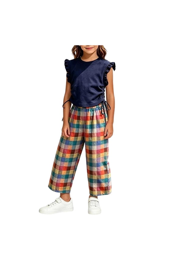 Girls 2PC Outfits Crop Ruffle Sleeve Ruched Side T-Shirts Rainbow Plaid Wide Leg Pants Sets Navy 5-7 Years