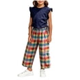 thumbnail image 1 of Girls 2PC Outfits Crop Ruffle Sleeve Ruched Side T-Shirts Rainbow Plaid Wide Leg Pants Sets Navy 7-10 Years, 1 of 7