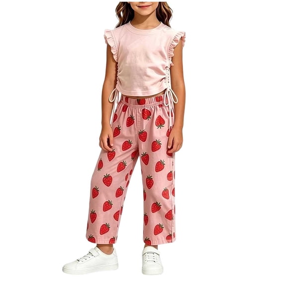 Girls 2PC Outfits Crop Ruffle Sleeve Ruched Side T-Shirts Rainbow Plaid Wide Leg Pants Sets Pink 5-7 Years