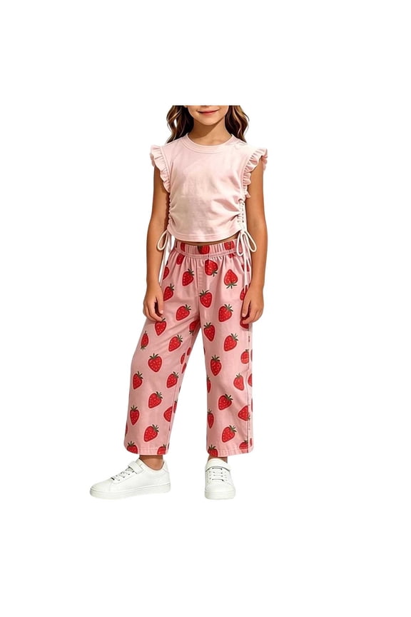Girls 2PC Outfits Crop Ruffle Sleeve Ruched Side T-Shirts Rainbow Plaid Wide Leg Pants Sets Pink 7-10 Years