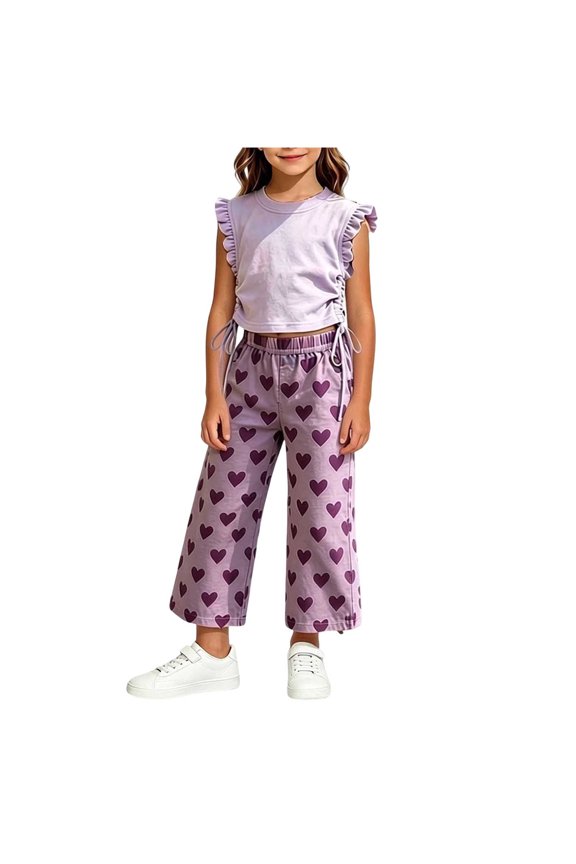 Girls 2PC Outfits Crop Ruffle Sleeve Ruched Side T-Shirts Rainbow Plaid Wide Leg Pants Sets Purple 4-5 Years