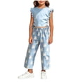 thumbnail image 1 of Girls 2PC Outfits Crop Ruffle Sleeve Ruched Side T-Shirts Rainbow Plaid Wide Leg Pants Sets Sky Blue 2-3 Years, 1 of 7