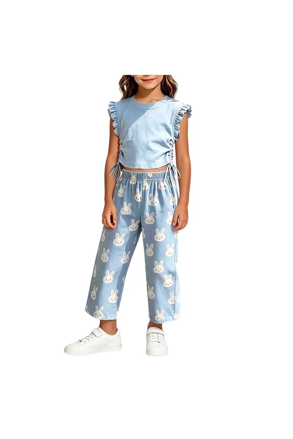 Girls 2PC Outfits Crop Ruffle Sleeve Ruched Side T-Shirts Rainbow Plaid Wide Leg Pants Sets Sky Blue 4-5 Years