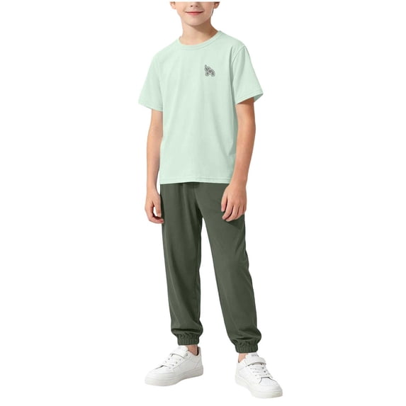 Girls 2PC Outfits Summer Short Sleeve Round Neck T-Shirts Loose Athletic Pants Sets Green 15-16 Years