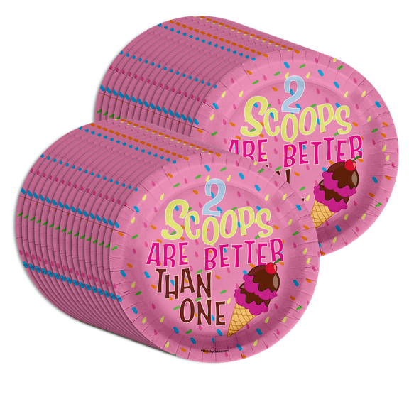 Girls 2nd Birthday Party Supplies - 2 Scoops Ice Cream Birthday Paper Plates - Large 9" Paper Plates in Bulk 32 Piece