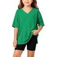 thumbnail image 1 of Girls 2pc Outfits Summer Short Sleeve V Neck Drop Shoulder T-Shirts Basic Leggings Shorts Sets Green 4-5 Years, 1 of 7