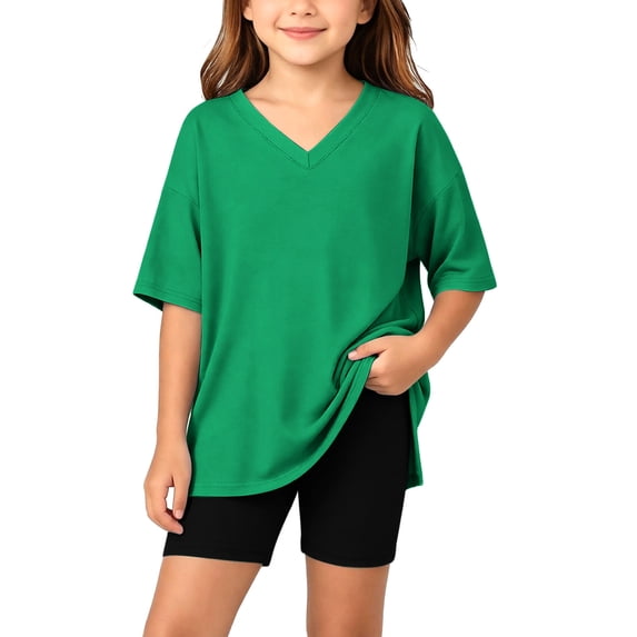 Girls 2pc Outfits Summer Short Sleeve V Neck Drop Shoulder T-Shirts Basic Leggings Shorts Sets Green 4-5 Years