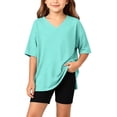 thumbnail image 1 of Girls 2pc Outfits Summer Short Sleeve V Neck Drop Shoulder T-Shirts Basic Leggings Shorts Sets Mint Green 6-7 Years, 1 of 7