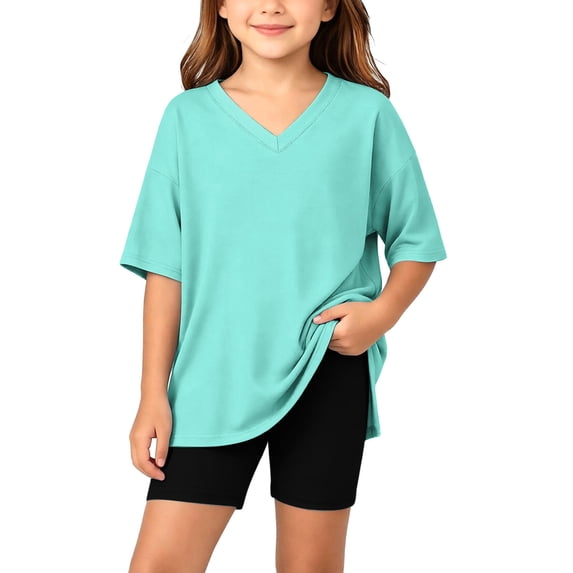 Girls 2pc Outfits Summer Short Sleeve V Neck Drop Shoulder T-Shirts Basic Leggings Shorts Sets Mint Green 6-7 Years