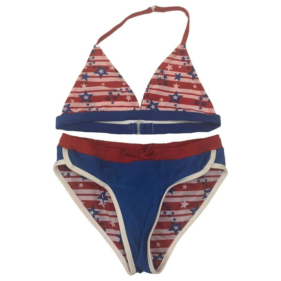 Girls 2pc Patriotic Red White Blue Stars & Stripes Bikini Swim Suit L (10-12)