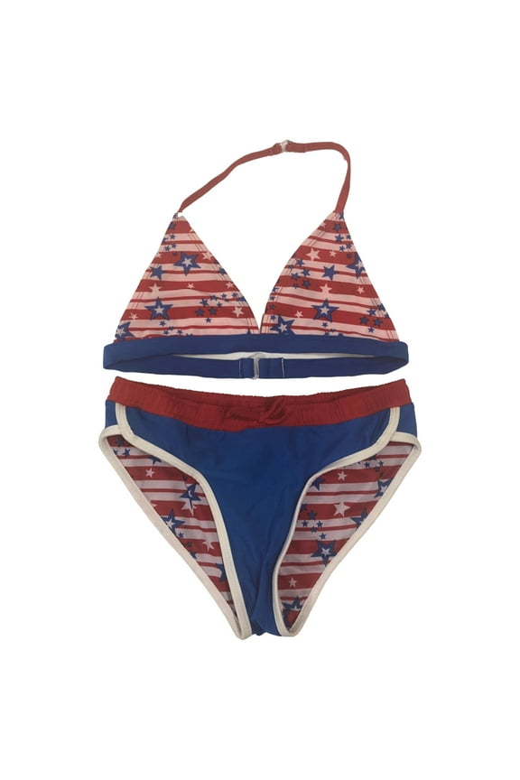 Girls 2pc Patriotic Red White Blue Stars & Stripes Bikini Swim Suit L (10-12)