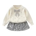 thumbnail image 1 of Girls 2pcs Fall Outfits Sweet Cute Bowknot Button Knit Cardigan Sweater Tops Sequin Short Sparkle Mini Skirt Set (1 Years, White), 1 of 6