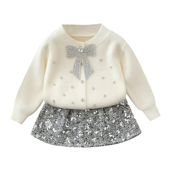 Girls 2pcs Fall Outfits Sweet Cute Bowknot Button Knit Cardigan Sweater Tops Sequin Short Sparkle Mini Skirt Set (1 Years, White)