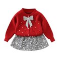 thumbnail image 1 of Girls 2pcs Fall Outfits Sweet Cute Bowknot Button Knit Cardigan Sweater Tops Sequin Short Sparkle Mini Skirt Set (5 Years, Red), 1 of 6