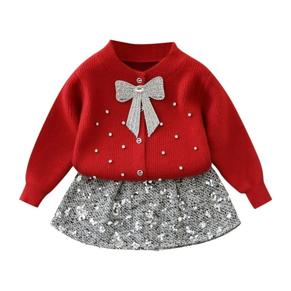 Girls 2pcs Fall Outfits Sweet Cute Bowknot Button Knit Cardigan Sweater Tops Sequin Short Sparkle Mini Skirt Set (5 Years, Red)