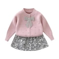 thumbnail image 1 of Girls 2pcs Fall Outfits Sweet Cute Bowknot Button Knit Cardigan Sweater Tops Sequin Short Sparkle Mini Skirt Set (7 Years, Pink), 1 of 6