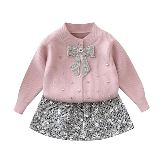 Girls 2pcs Fall Outfits Sweet Cute Bowknot Button Knit Cardigan Sweater Tops Sequin Short Sparkle Mini Skirt Set (7 Years, Pink)