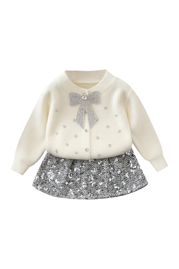 Girls 2pcs Fall Outfits Sweet Cute Bowknot Button Knit Cardigan Sweater Tops Sequin Short Sparkle Mini Skirt Set (7 Years, White)