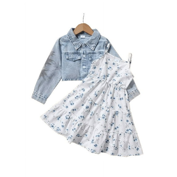 Girls 2pcs Long Sleeve Denim Button Coat & Straps Floral Print Flare Dress Trendy Casual Kids Outdoor Clothes For Spring And Autumn