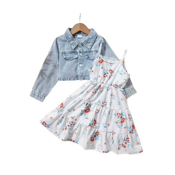 Girls 2pcs Long Sleeve Denim Button Coat & Straps Floral Print Flare Dress Trendy Casual Kids Outdoor Clothes For Spring And Autumn