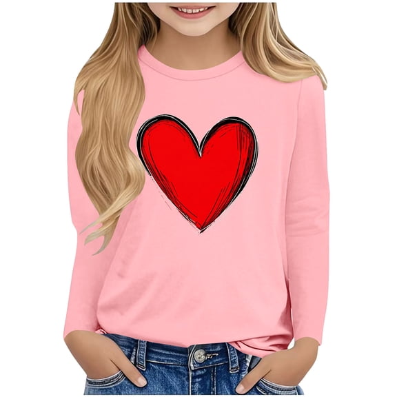 Girls 3-13 Years Long Sleeve Heart Graphic Tee, Brown with Red Heart Print, Soft 95% Polyester 5% Spandex Stretch Crew Neck Casual Everyday Shirt for Girls,Size 3-4 T