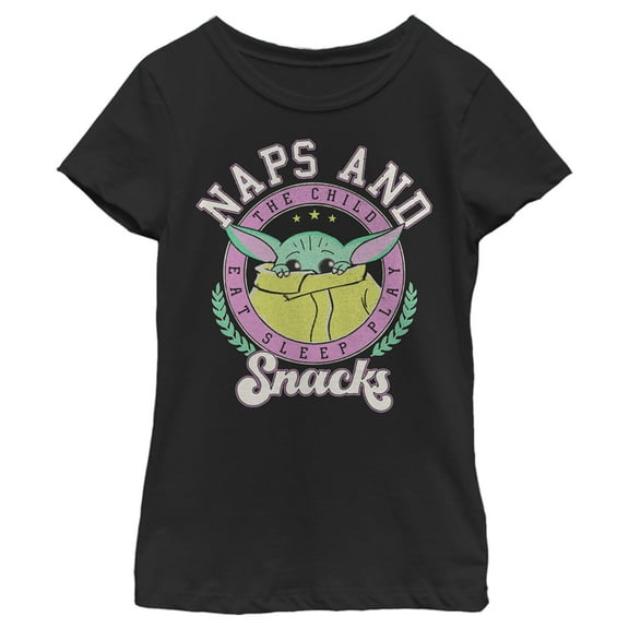 Girl's Star Wars: The Mandalorian Grogu Naps and Snacks  Graphic Tee Black Small