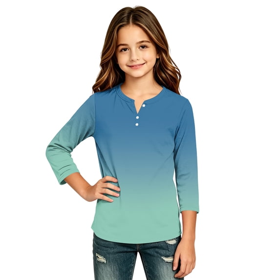 Girls 3/4 Length Sleeve T Shirts Button Down Scoop Neck Casual Gradient Tops 2026 Fall Basic Pullover Tops