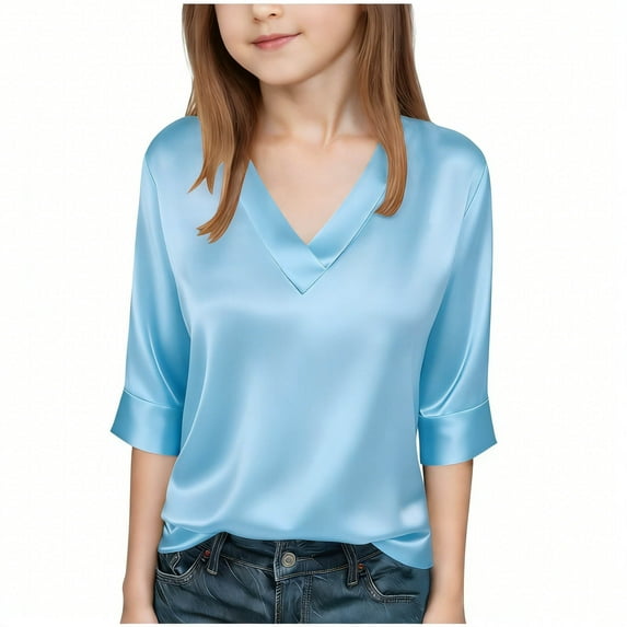 Girls 3/4 Sleeve Silk Satin Tops V Neck Dressy Blouses Spring Summer Loose Shirts Party Casual Outfits