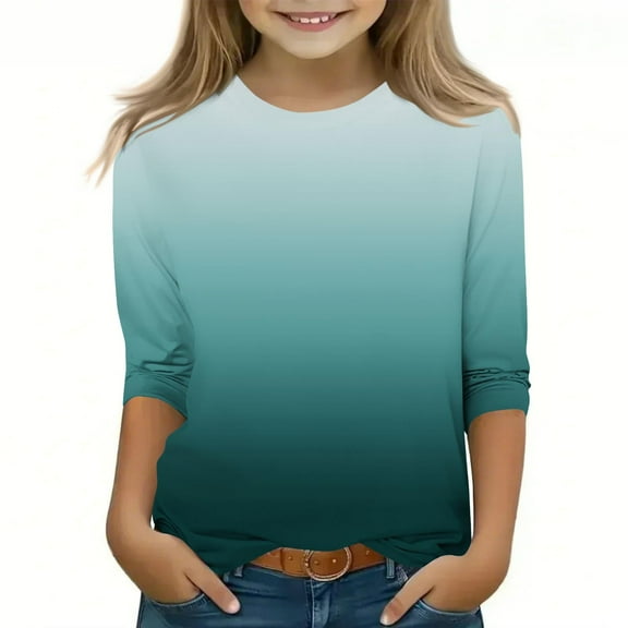 Girls 3/4 Sleeve T Shirts Kids Crewneck Basic Tees Fashion Drop Shoulder Blouses Spring Fall Tops 3-12Y