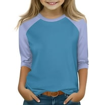 Girls 3/4 Sleeve Tops Raglan Baseball Tee Soft Crewneck Shirts Loose Fit Casual Summer Blouses Oversized Comfort​ Light Blue 140