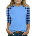 thumbnail image 1 of Girls' 3/4 Sleeve Tshirts Colorblock Crewneck Tops Cotton Plaid/Striped/Gradient Color Raglan Tee Shirt (14 Years, Blue), 1 of 6