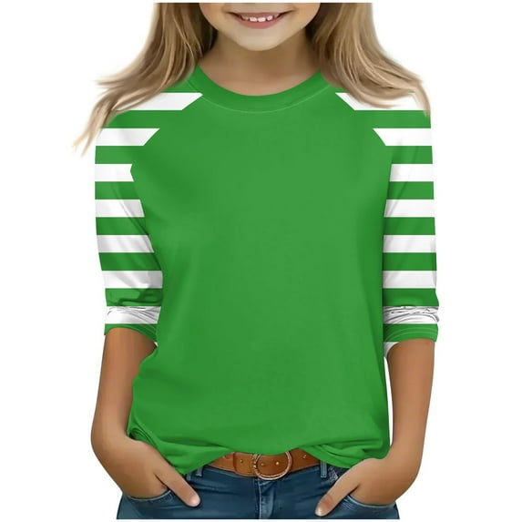 Girls' 3/4 Sleeve Tshirts Colorblock Crewneck Tops Cotton Plaid/Striped/Gradient Color Raglan Tee Shirt (4T, Green|Striped)