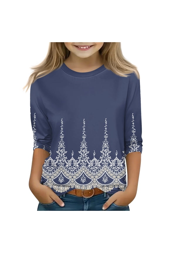 Girls 3/4 Sleeve Vintage Floral Print T Shirts Boho Colorful Flower Crewneck Casual Kids Tops Dark Blue 140