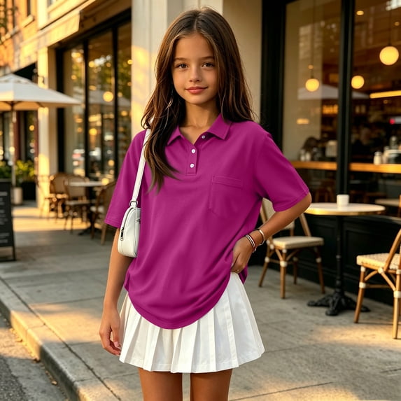 Girls 3- Buttons School Uniform Polo Shirts Kid Short Sleeve Pique Polo Shirt Purple,12-13 Years
