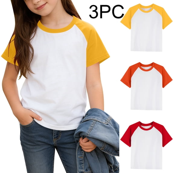 Girls 3-Pack Short Sleeve Cotton Raglan Crewneck Tees - Yellow/Orange/Red,Size 6 T