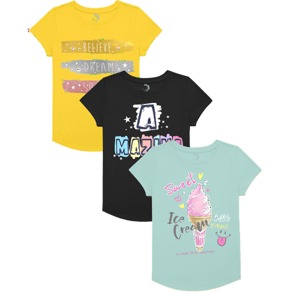 Girls 3-Pack Short Sleeve Graphic Tee, Assorted Colors T-Shirt, Cotton/Poly Blend, Sizes 4-18