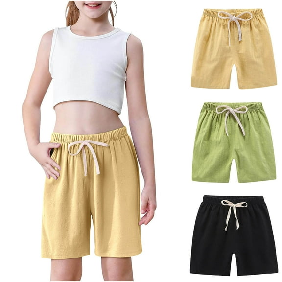 Girls 3-Pack Summer Shorts Cotton Linen Bermuda Shorts Drawstring Loose Elastic Waist Casual Shorts with Pocket 2T