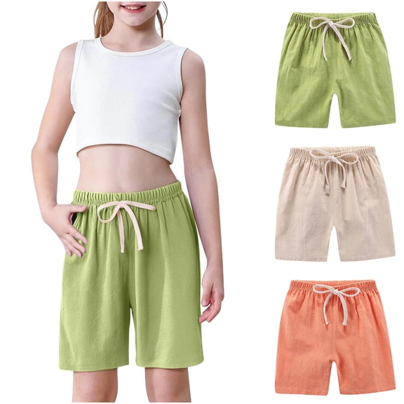 Girls 3-Pack Summer Shorts Cotton Linen Bermuda Shorts Drawstring Loose Elastic Waist Casual Shorts with Pocket 2T