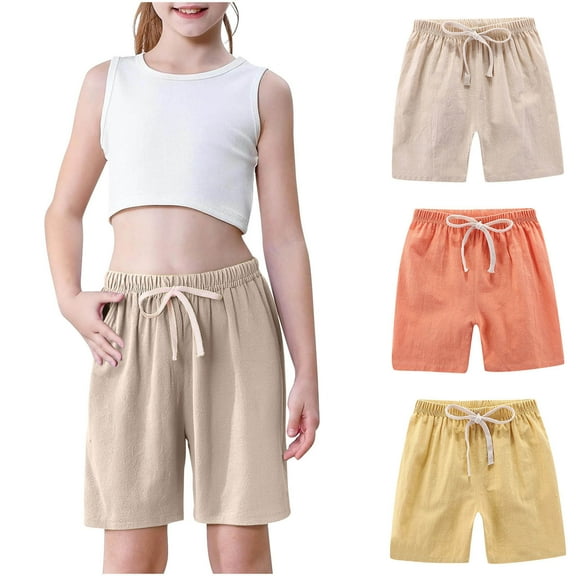 Girls 3-Pack Summer Shorts Cotton Linen Bermuda Shorts Drawstring Loose Elastic Waist Casual Shorts with Pocket 2T
