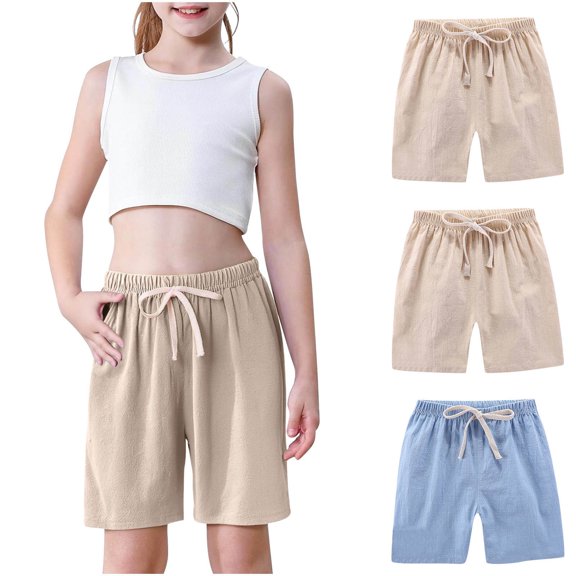Girls 3-Pack Summer Shorts Cotton Linen Bermuda Shorts Drawstring Loose Elastic Waist Casual Shorts with Pocket 2T