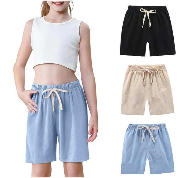 Girls 3-Pack Summer Shorts Cotton Linen Bermuda Shorts Drawstring Loose Elastic Waist Casual Shorts with Pocket 2T