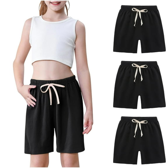 Girls 3-Pack Summer Shorts Cotton Linen Bermuda Shorts Drawstring Loose Elastic Waist Casual Shorts with Pocket 4T