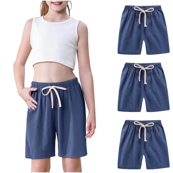 Girls 3-Pack Summer Shorts Cotton Linen Bermuda Shorts Drawstring Loose Elastic Waist Casual Shorts with Pocket 5T