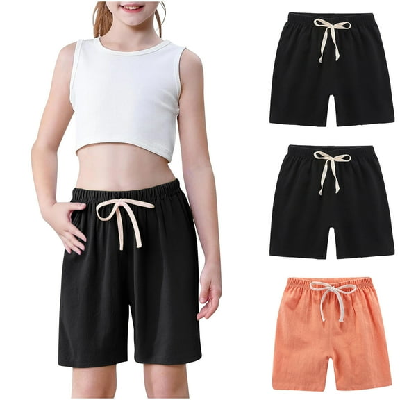 Girls 3-Pack Summer Shorts Cotton Linen Bermuda Shorts Drawstring Loose Elastic Waist Casual Shorts with Pocket 7T