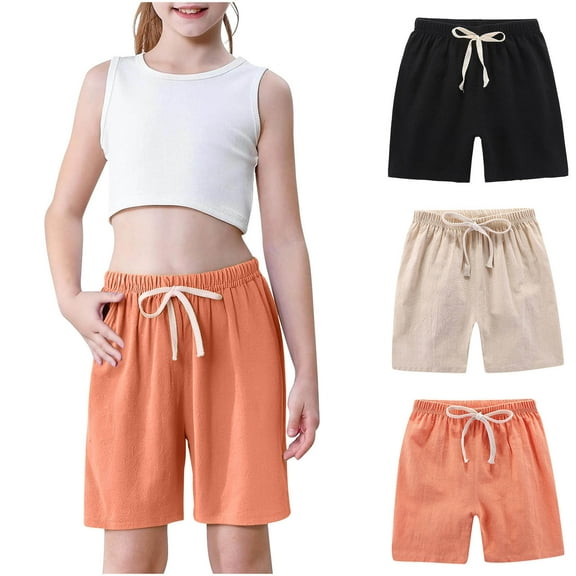 Girls 3-Pack Summer Shorts Cotton Linen Bermuda Shorts Drawstring Loose Elastic Waist Casual Shorts with Pocket 7T