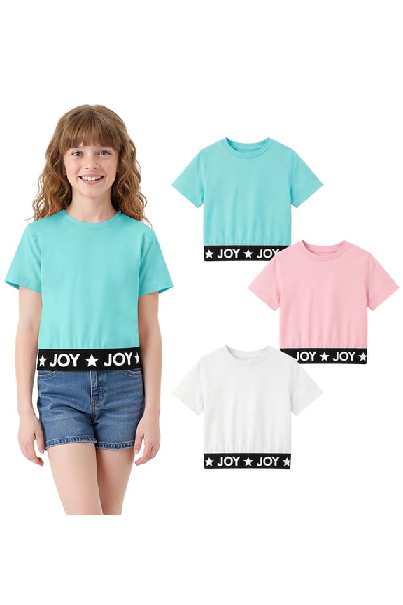 Girls 3-Pack short sleeve T-shirts ,Soft Graphic Crop Tee,Size 6-13Y
