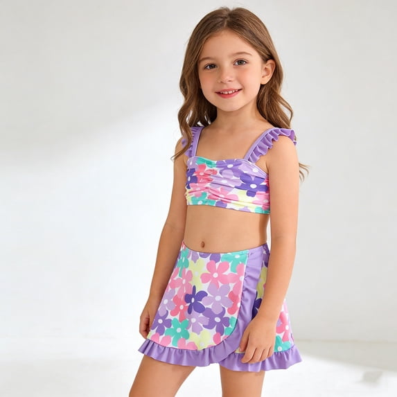 Girls 3 Piece Bathing Suit Bikini Set Floral Print Swimsuit with Cover Up Skirt Summer Clothes Girls Size 6-7 Years Bathing Suit
