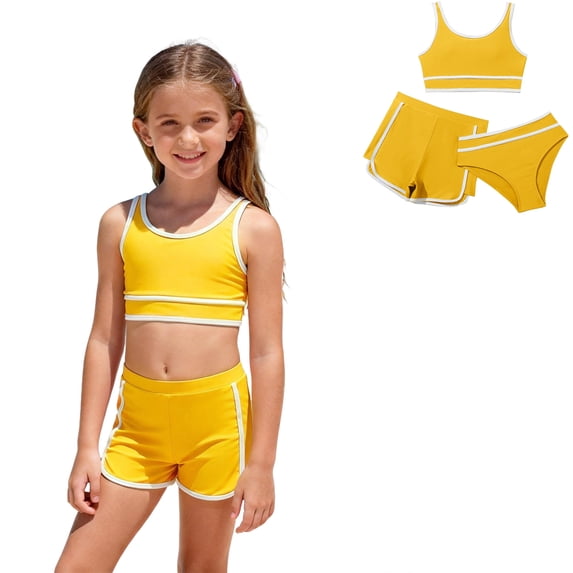 Girls' 3 Piece Bikini Set with Shorts Yellow Girl Swimsuit 8-9 Years