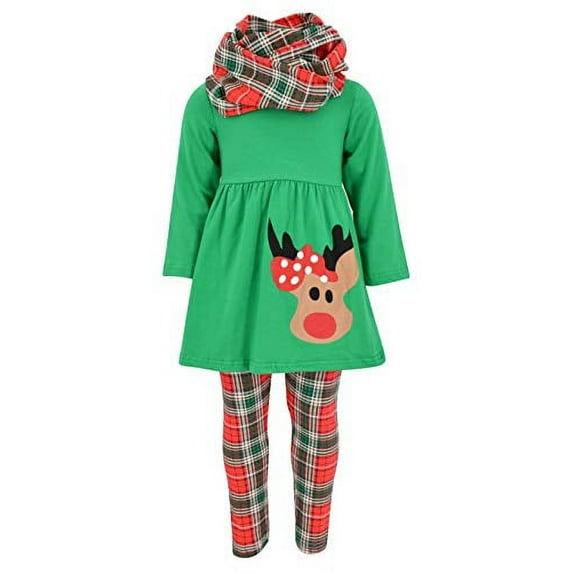 Girls 3 Piece Christmas Reindeer Legging Set Outfit (6 Years, Green)