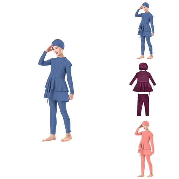 Girls 3-Piece Full Coverage Hijab Swimsuit Modest with Long Sleeve Rash Guard Top, Swim Pants & Matching Cap